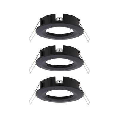 Three black metal recessed frames with spring clips for LED downlights, energy-saving lighting fixtures