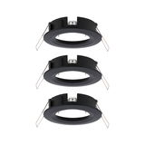 Drei schwarze Einbaurahmen aus Metall mit Federklammern für LED-Downlights, energiesparende Beleuchtung