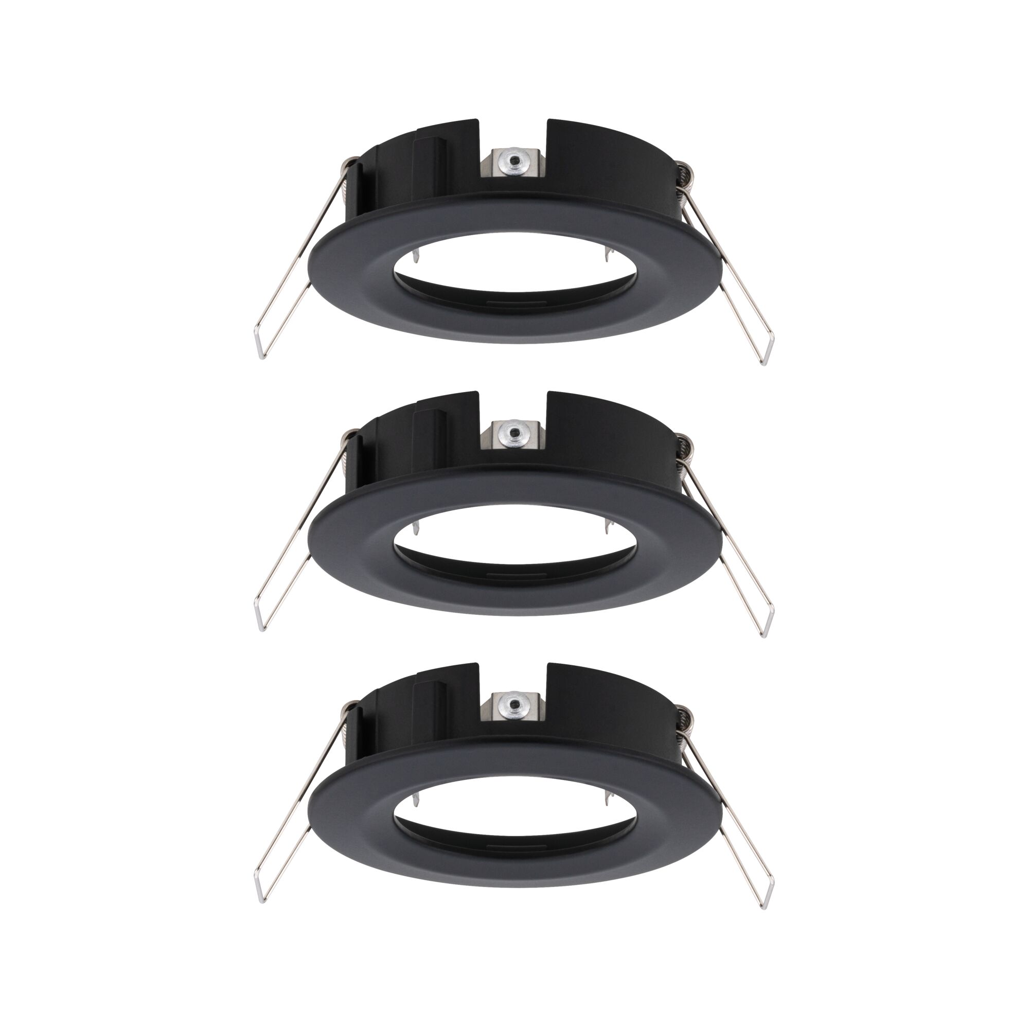 Drie zwarte metalen inbouwframes met veerklemmen voor LED-spotjes, energiezuinige verlichting