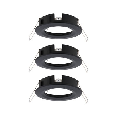 Drie zwarte metalen inbouwframes met veerklemmen voor LED-spotjes, energiezuinige verlichting