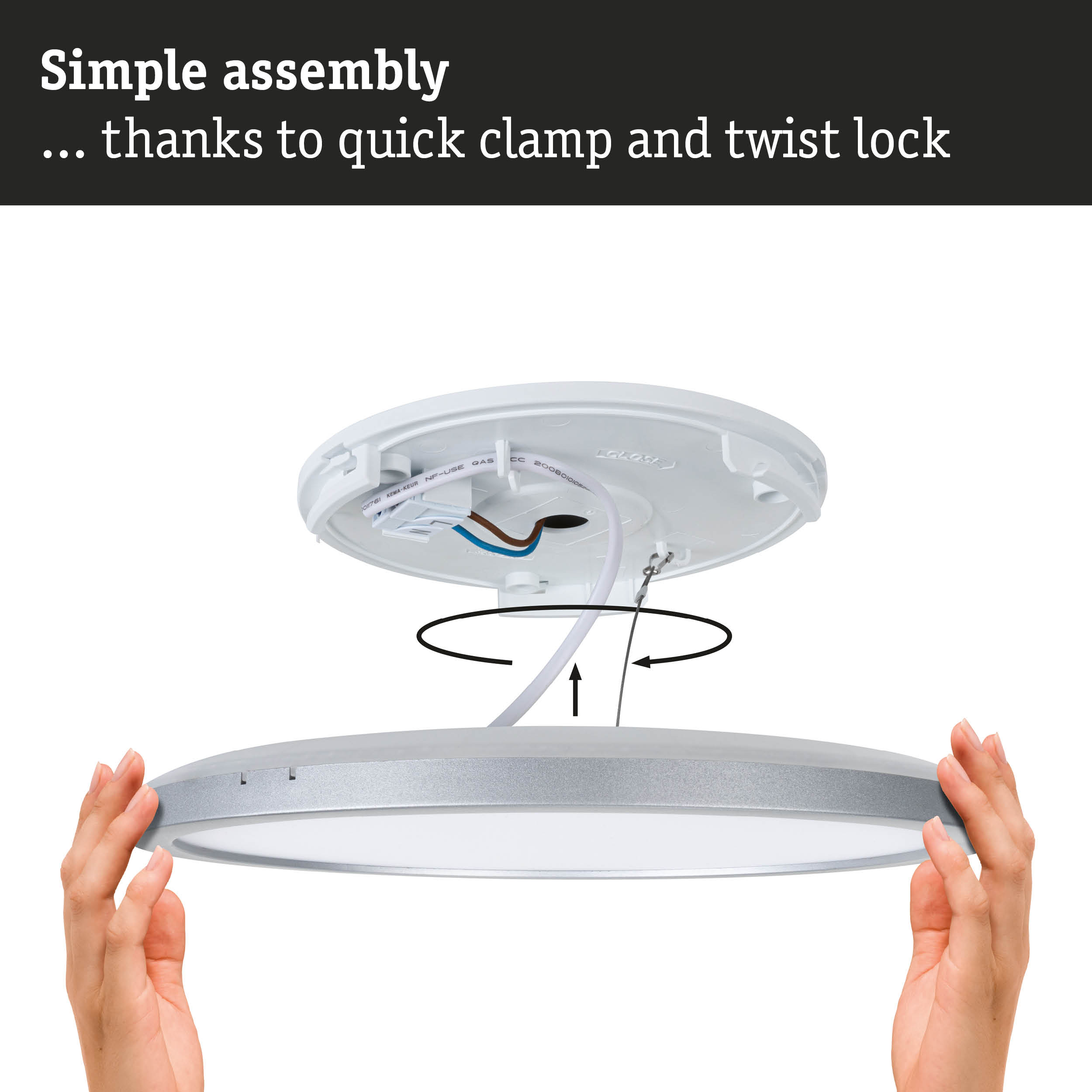 White LED ceiling light with silver trim and easy assembly using quick clamp and twist lock