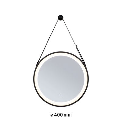 Round LED mirror with black frame and lighting, 400 mm diameter, modern wall mirror for bathroom