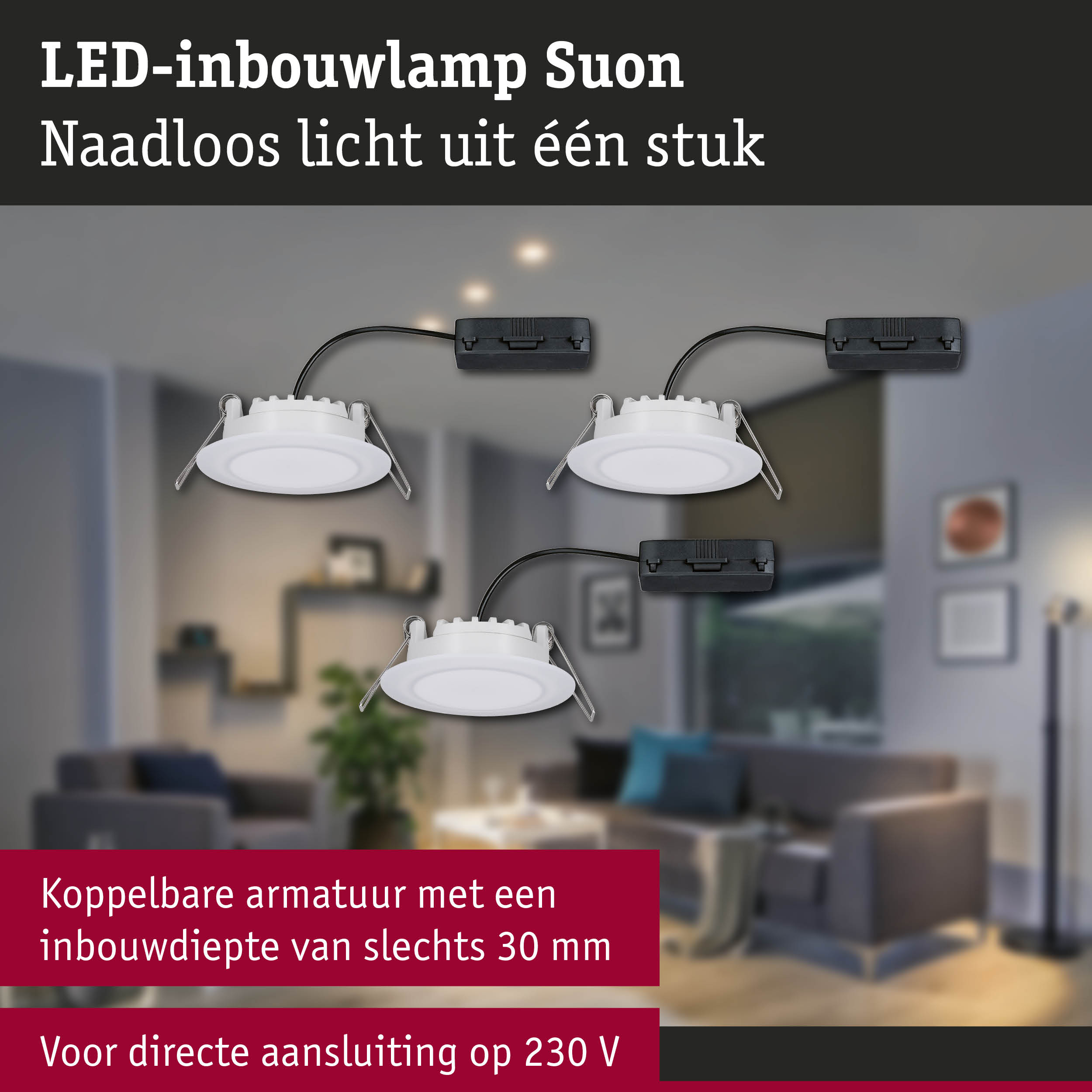 Witte LED-inbouwlampen Suon met naadloos licht en 30 mm inbouwdiepte voor 230 V aansluiting