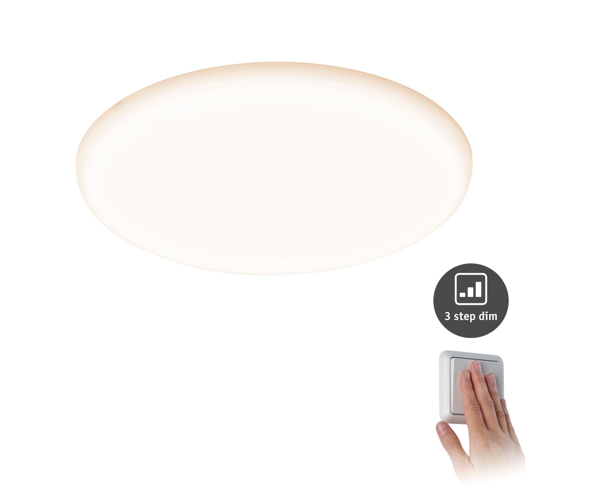 Round white LED ceiling light with 3-step dimming and wall switch for living spaces.