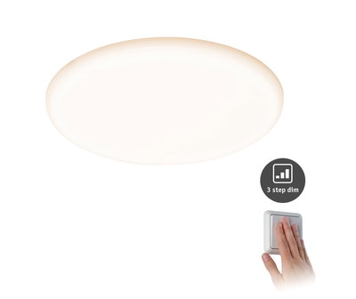 Round white LED ceiling light with 3-step dimming and wall switch for living spaces.