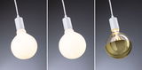 Three LED bulbs with white base, featuring matte white and gold glass globe lamps for modern lighting.