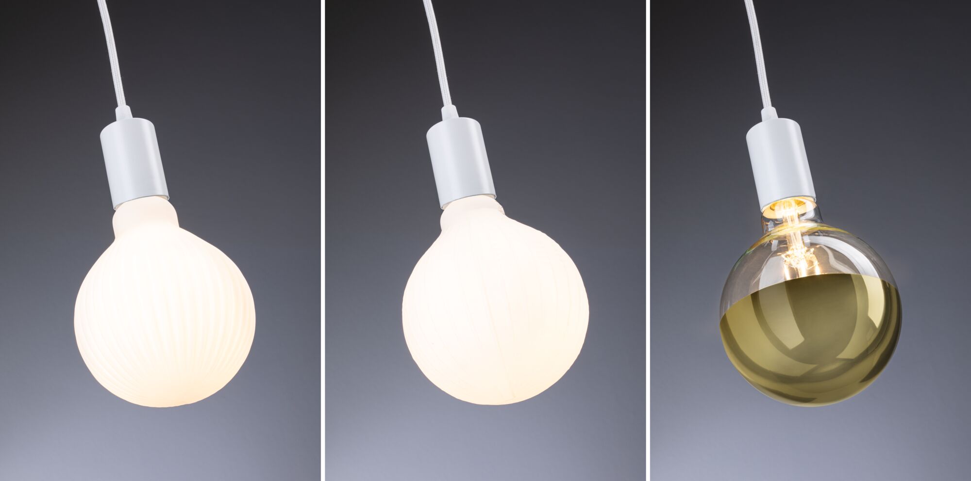 Drei verschiedene LED-Glühbirnen mit weißem Sockel, darunter matt weiße und goldene Glaskugellampen.