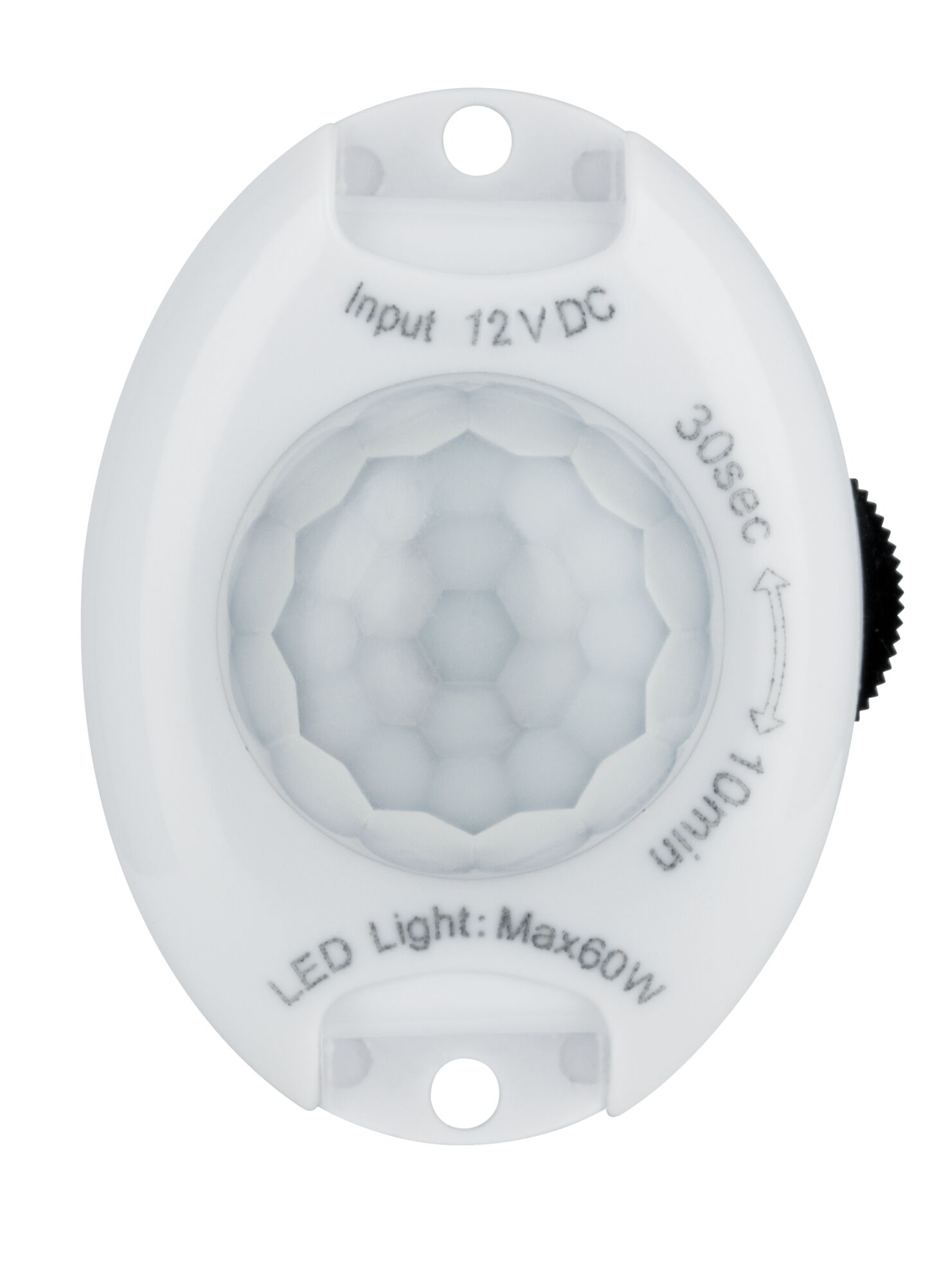 White plastic LED motion sensor with 12V input and adjustable delay time for lighting control