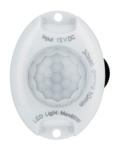 White plastic LED motion sensor with 12V input and adjustable delay time for lighting control