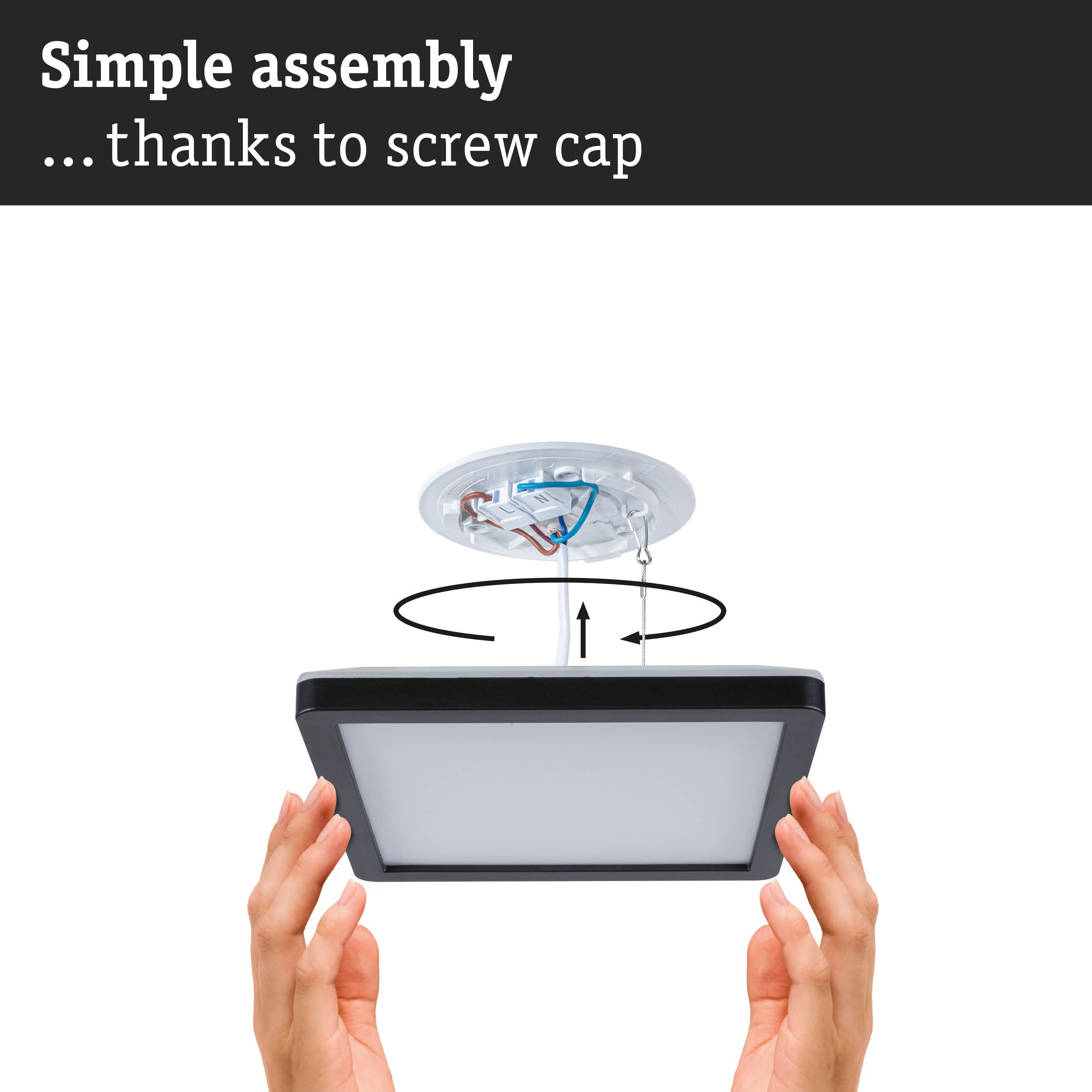 Simple assembly of black LED ceiling light with screw cap and visible wiring for easy installation