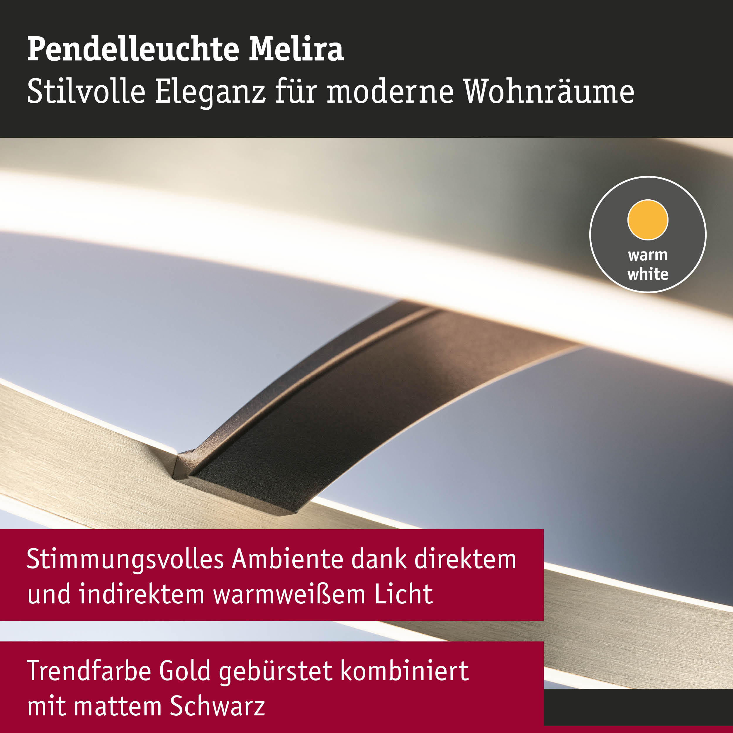 Pendelleuchte Melira mit gebürstetem Gold und mattem Schwarz für warmweißes Licht im modernen Wohnraum
