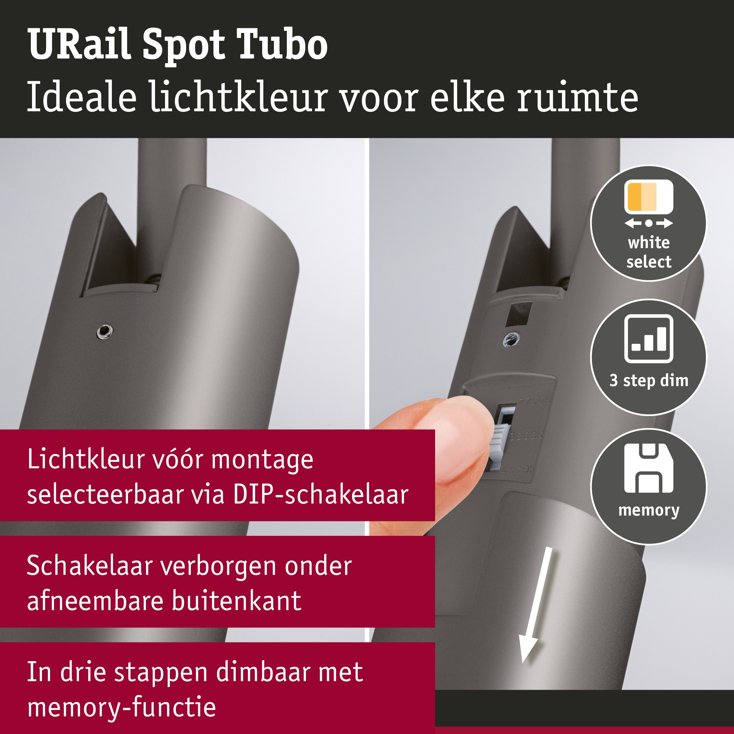 URail Railspot Tubo Losse spot 250lm 3,3W White Select dimbaar 230V Titaanium