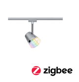 Silver metal LED spotlight with RGB color change on track system, Zigbee compatible lighting