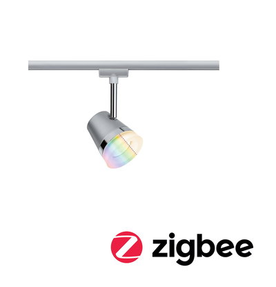 Silberner LED-Strahler aus Metall mit RGB-Farbwechsel an Schienensystem, Zigbee kompatibel