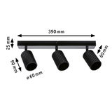 Black aluminium ceiling light with three adjustable spotlights and dimensions for modern room lighting