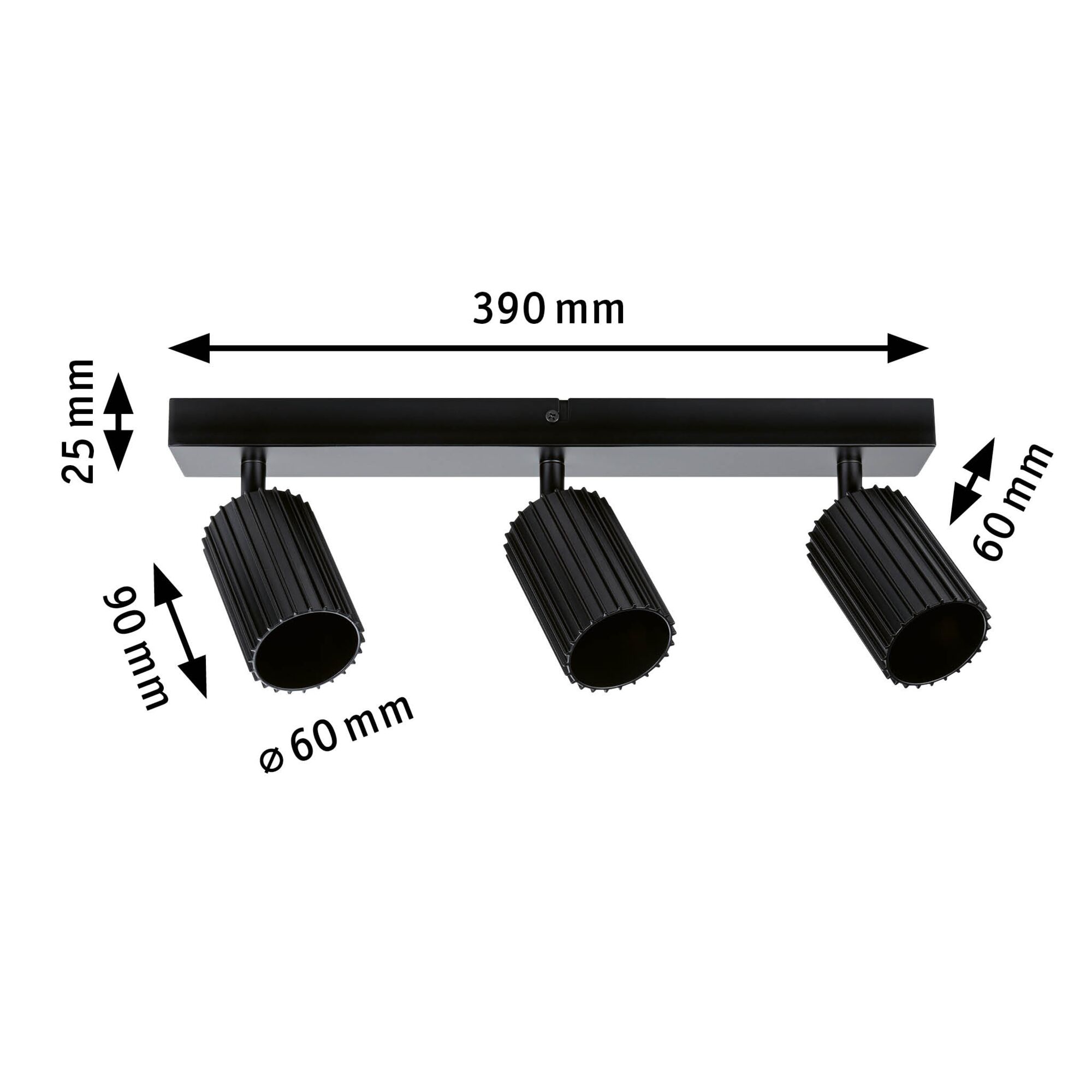 Black aluminium ceiling light with three adjustable spotlights and dimensions for modern room lighting