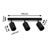 Black aluminium ceiling light with three adjustable spotlights and dimensions for modern room lighting