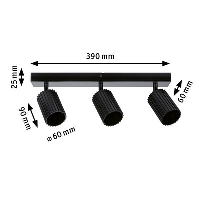 Black aluminium ceiling light with three adjustable spotlights and dimensions for modern room lighting