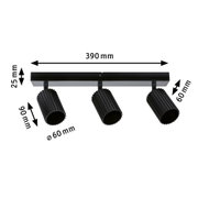 Plafonnier en aluminium noir avec trois spots réglables et dimensions pour éclairage moderne