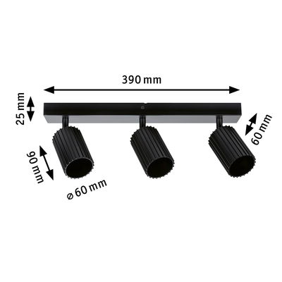 Black aluminium ceiling light with three adjustable spotlights and dimensions for modern room lighting