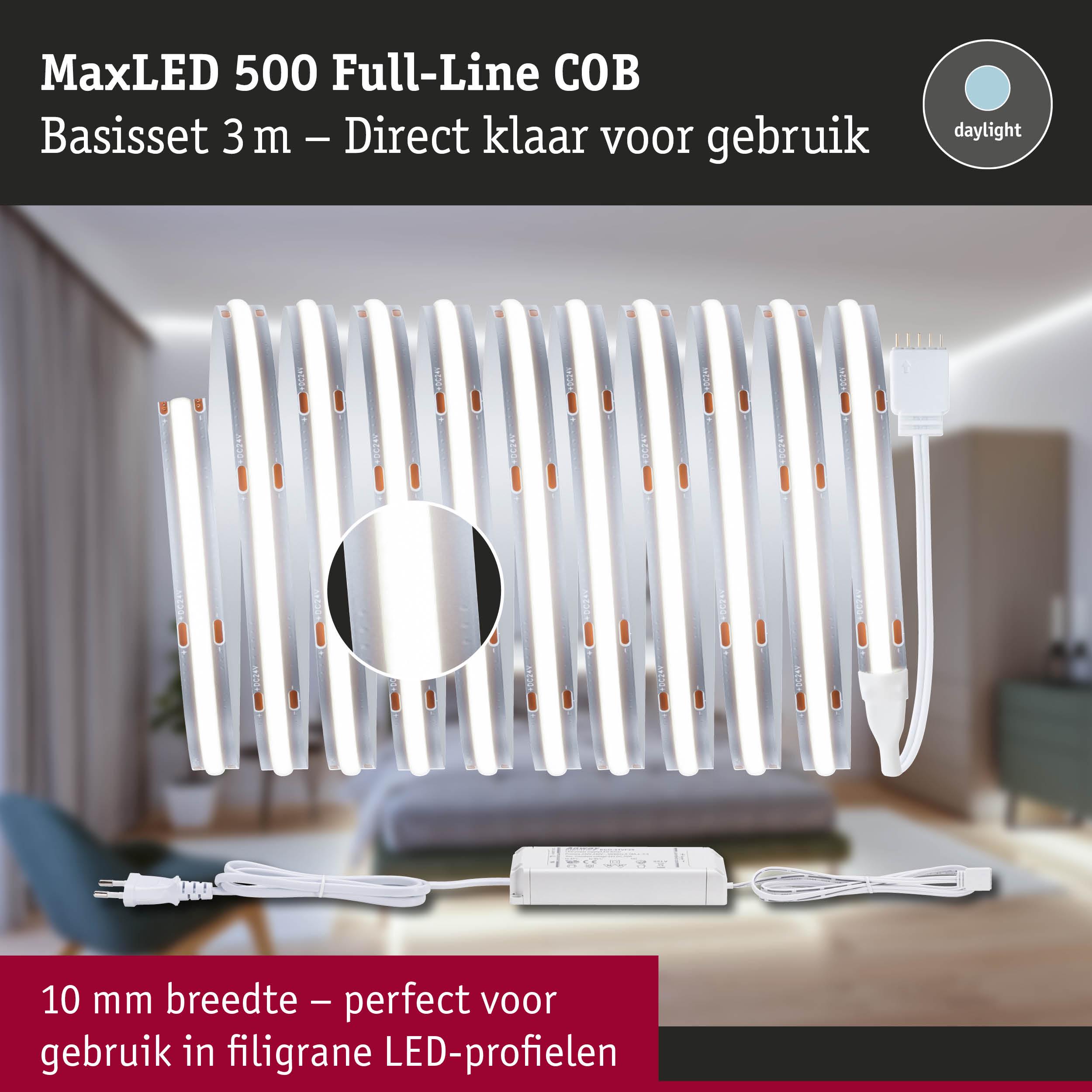 MaxLED 500 Full-Line COB LED-strip 3 m met voeding, 10 mm breed, daglichtwit voor smalle LED-profielen