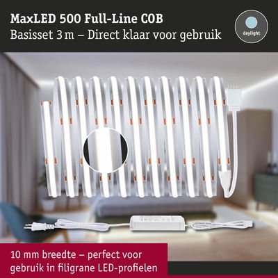 MaxLED 500 Full-Line COB LED-strip 3 m met voeding, 10 mm breed, daglichtwit voor smalle LED-profielen