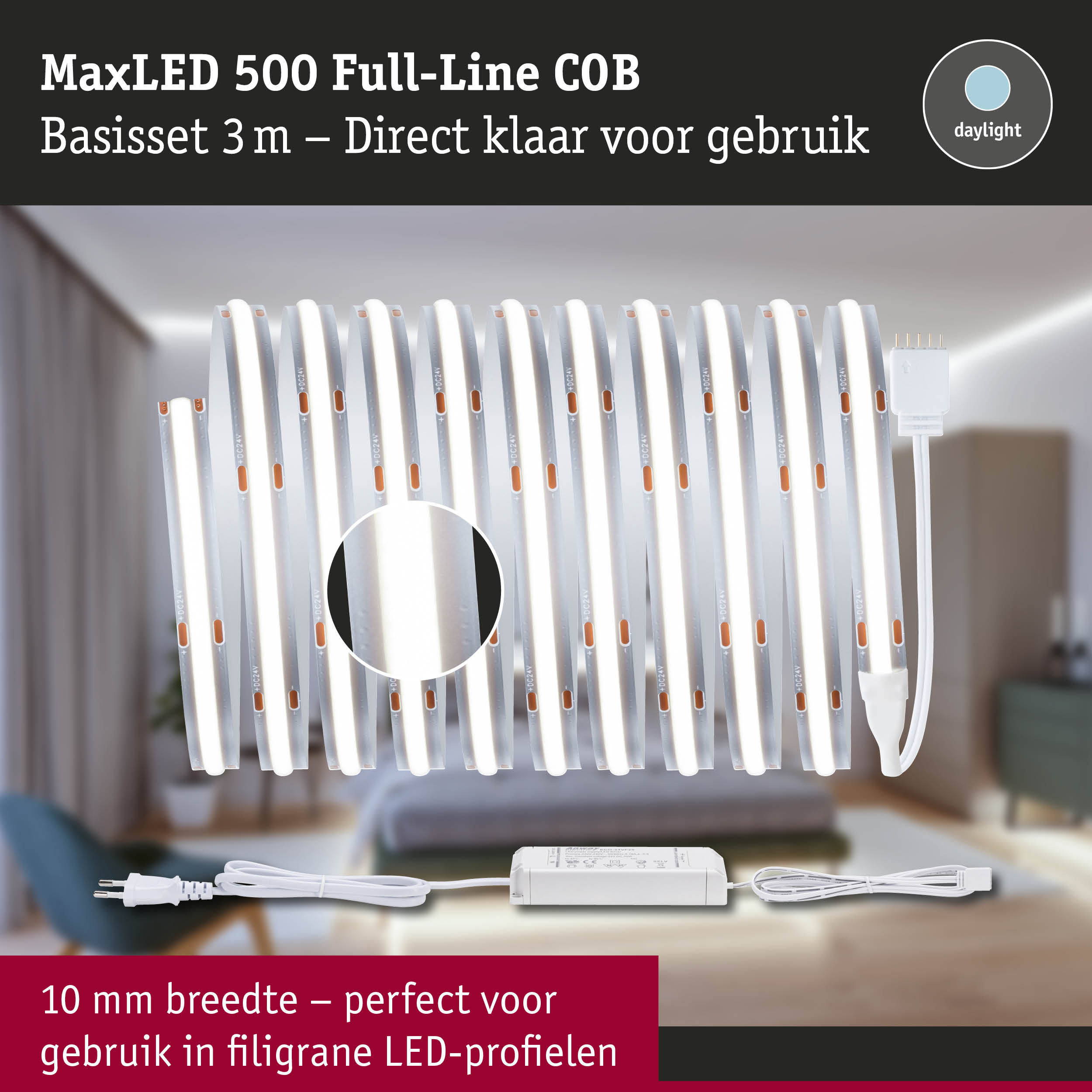 MaxLED 500 Full-Line COB LED-strip 3 m met voeding in wit voor fijne LED-profielen