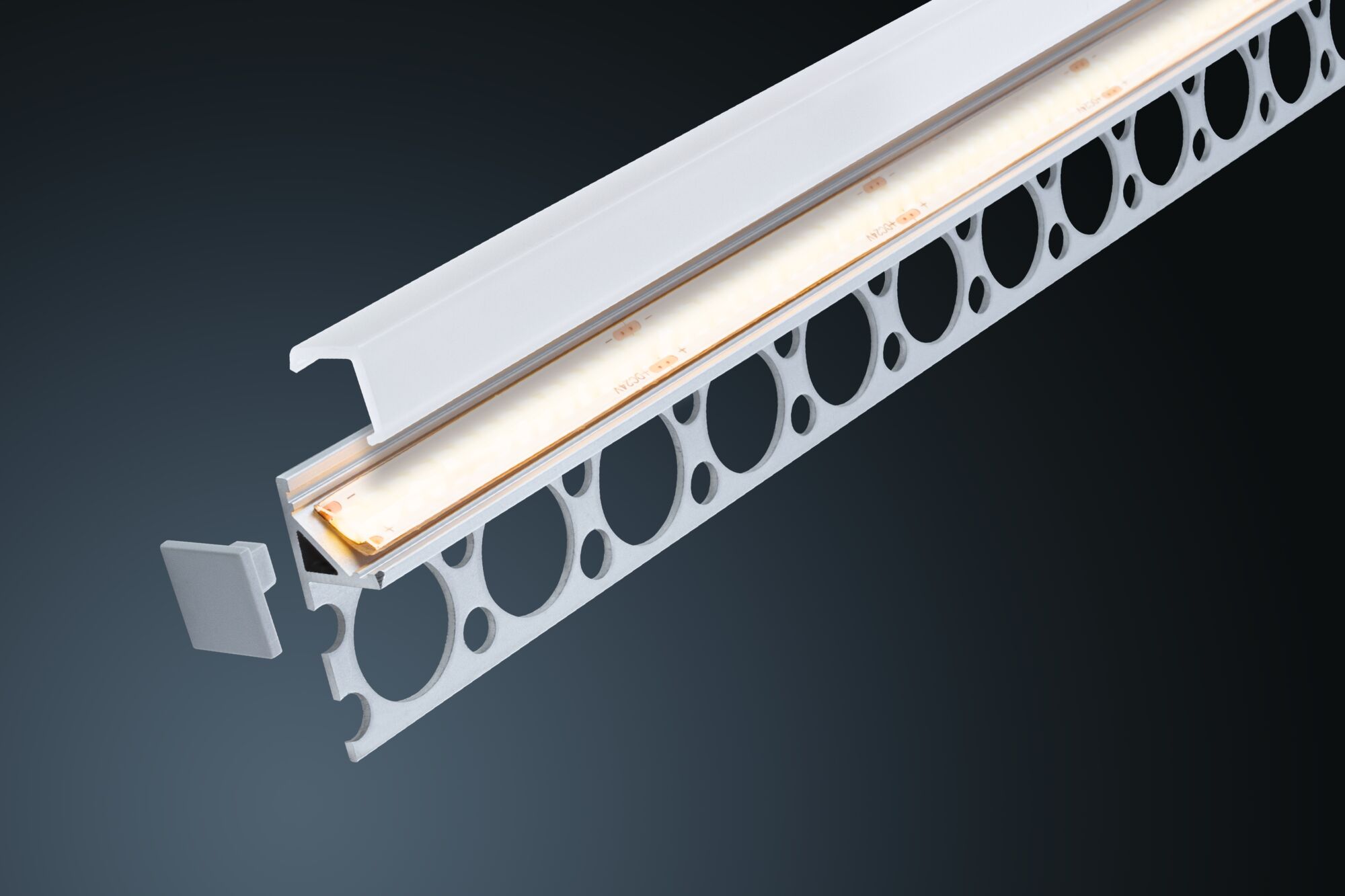 Aluminum LED profile with white diffuser and perforated mounting bracket for LED strip lighting