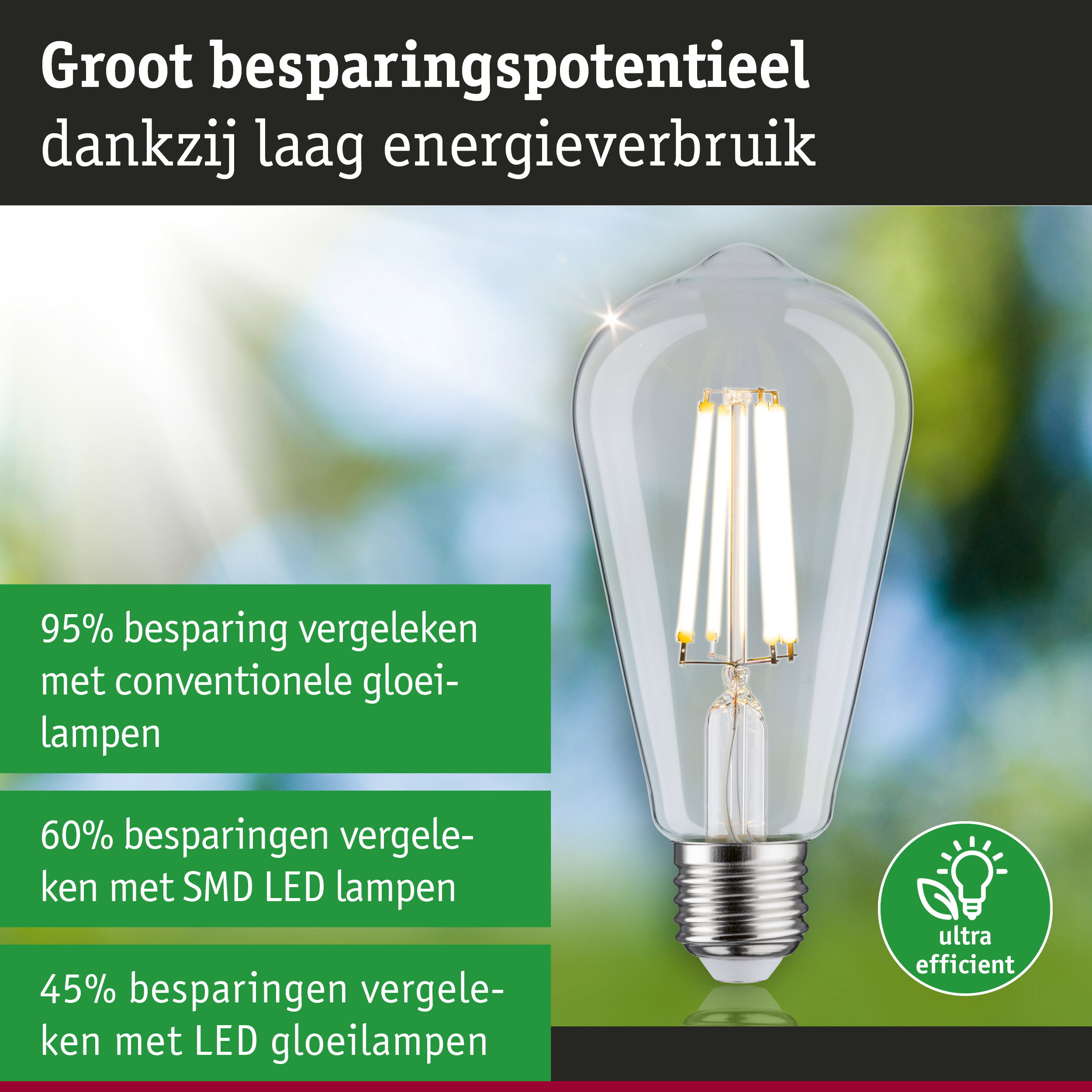 Heldere LED-gloeilamp met zilveren fitting op groen-blauwe achtergrond voor energiebesparende verlichting