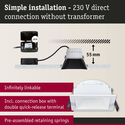 White square LED recessed spotlight with 55 mm depth and connection box for 230 V direct wiring without transformer
