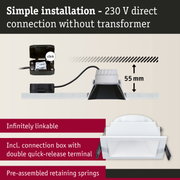 White recessed downlight with connection box and retaining springs, 55 mm installation depth, 230 V direct connection