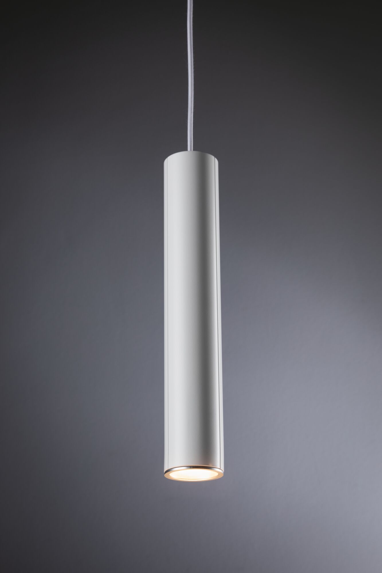 Schlichte weiße Zylinder-Pendelleuchte aus Metall mit warmweißem LED-Licht für moderne Innenräume