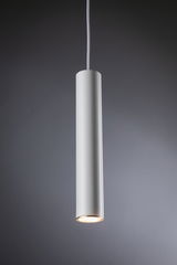 Schlichte weiße Zylinder-Pendelleuchte aus Metall mit warmweißem LED-Licht für moderne Innenräume
