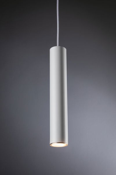 Schlichte weiße Zylinder-Pendelleuchte aus Metall mit warmweißem LED-Licht für moderne Innenräume