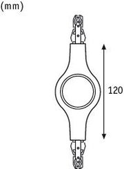 Technical drawing of white plastic housing 120 mm long with terminal connectors