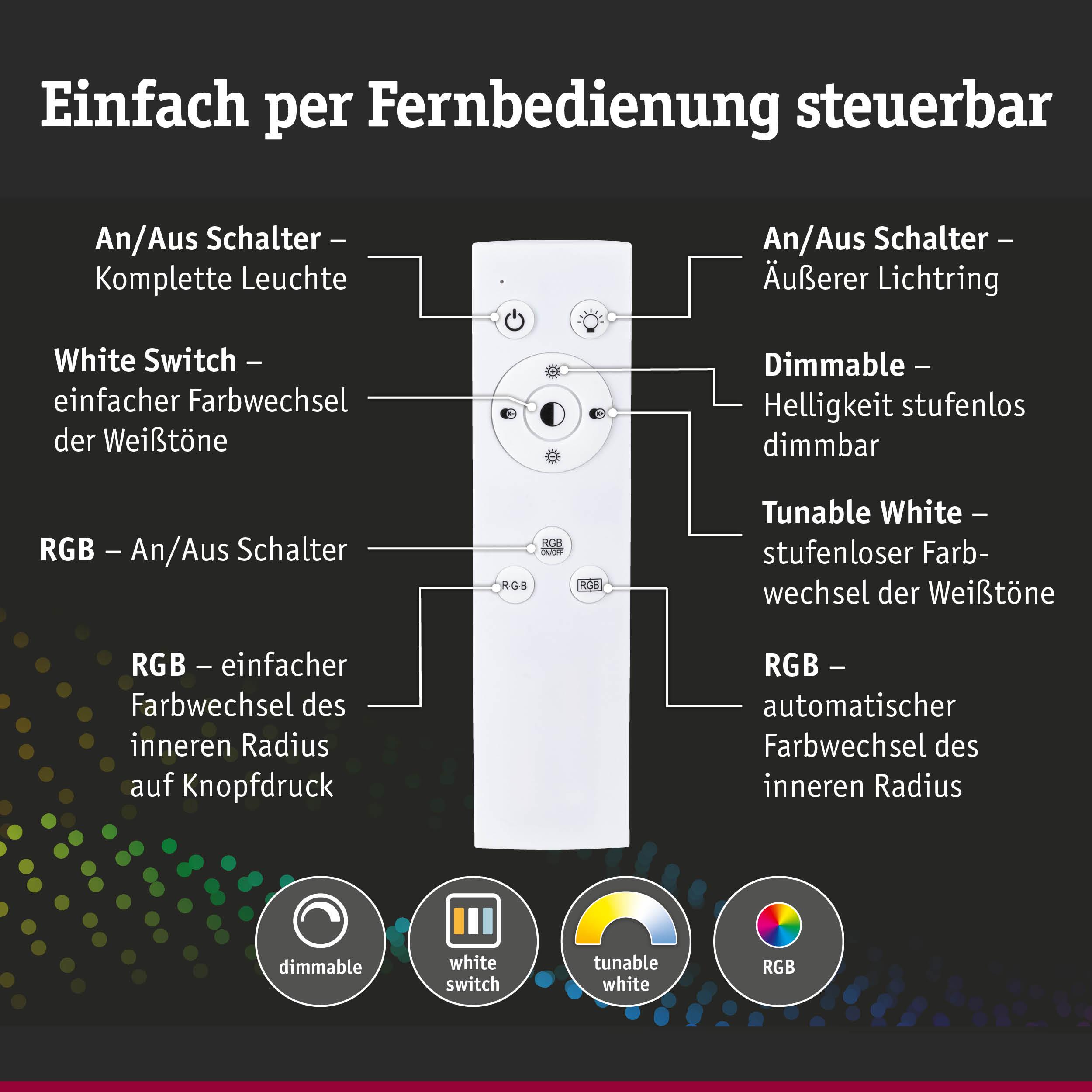 Weiße Fernbedienung mit Tasten für dimmbare LED-Beleuchtung und RGB-Farbwechselfunktionen