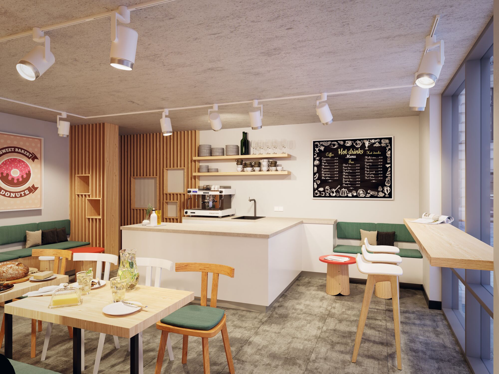 Moderner Raum mit weißen LED-Schienenstrahlern an der Decke und gemütlicher Café-Einrichtung mit Holz und Grün.
