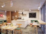 Moderner Raum mit weißen LED-Schienenstrahlern an der Decke und gemütlicher Café-Einrichtung mit Holz und Grün.
