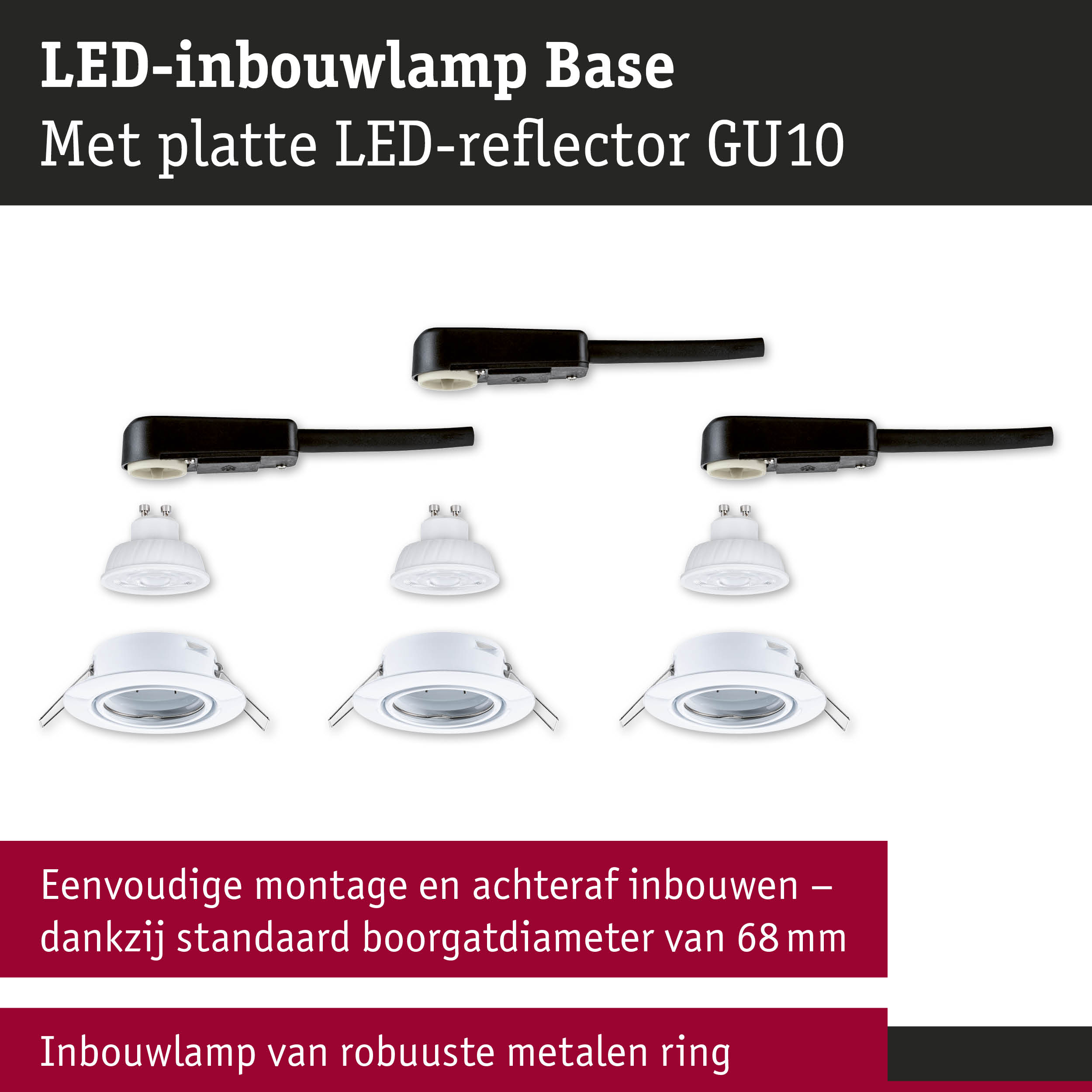 LED-inbouwlamp Base met platte LED-reflector GU10 in wit en zwarte kabel voor verlichting