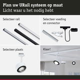 Modulair URail railsysteem met aluminium rails en witte LED-spotlights voor flexibele verlichting