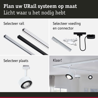 Modulair URail railsysteem met aluminium rails en witte LED-spotlights voor flexibele verlichting
