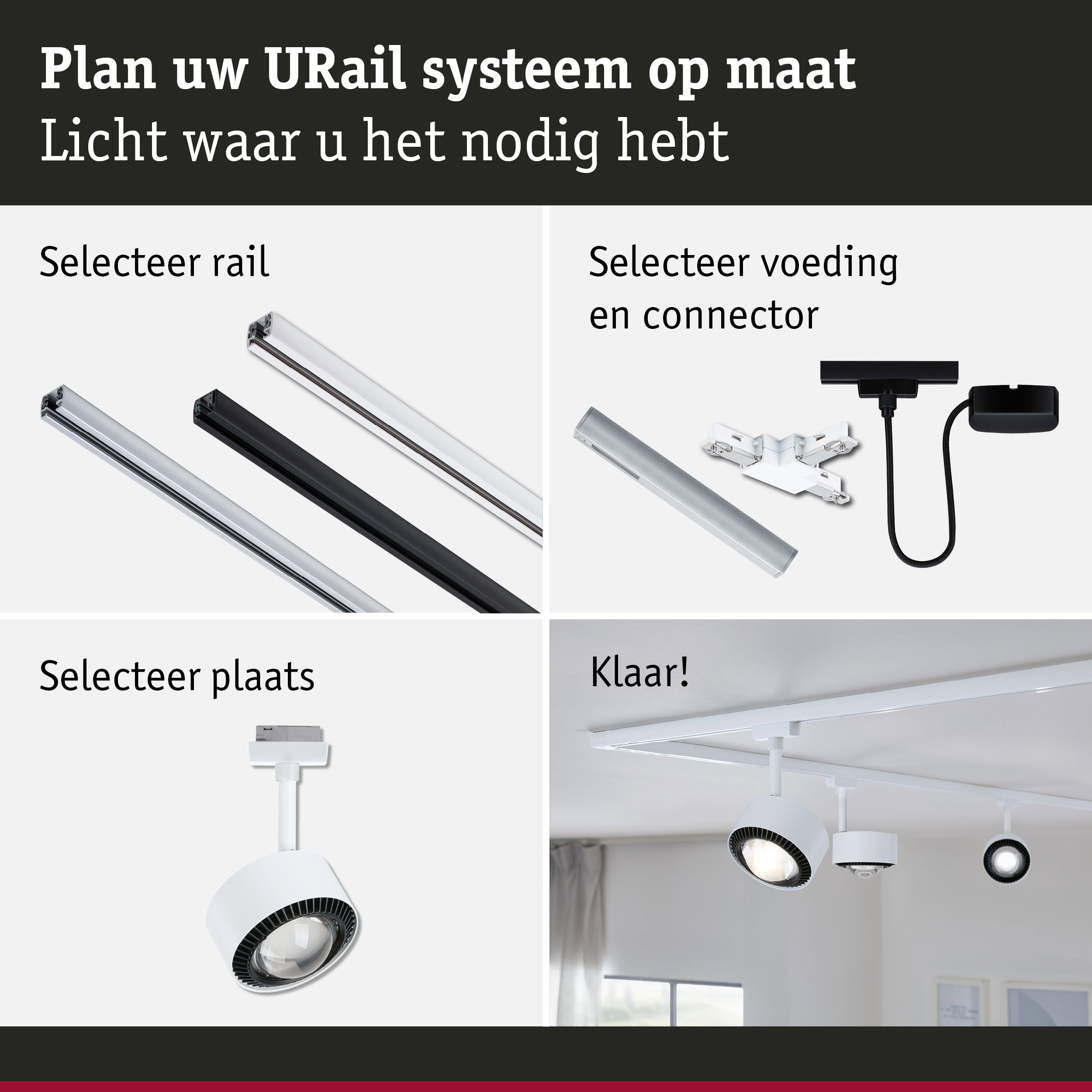 Modulair URail railsysteem met witte en zwarte rails, connectoren en spots voor flexibele verlichting