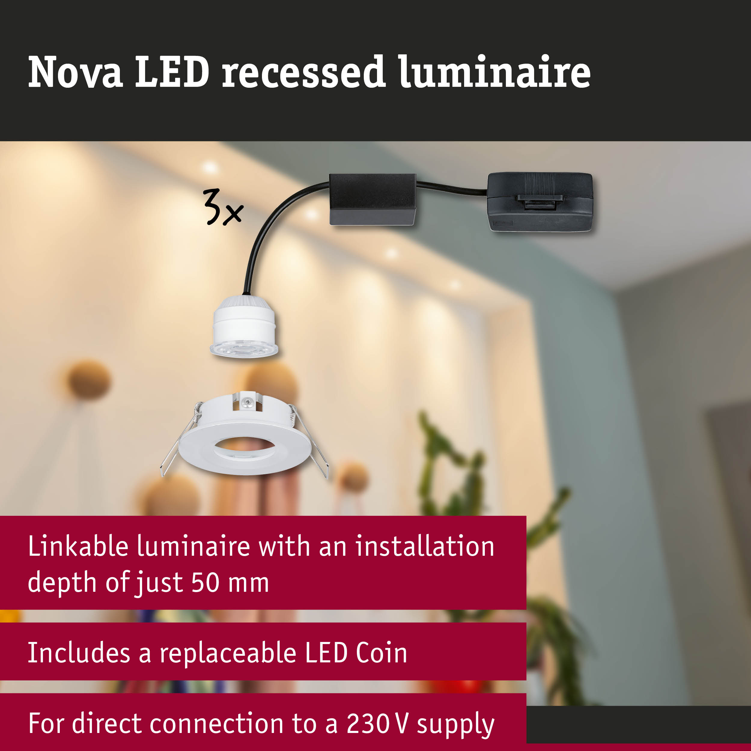 Nova white LED recessed luminaire with 50 mm installation depth and replaceable LED coin for 230V connection