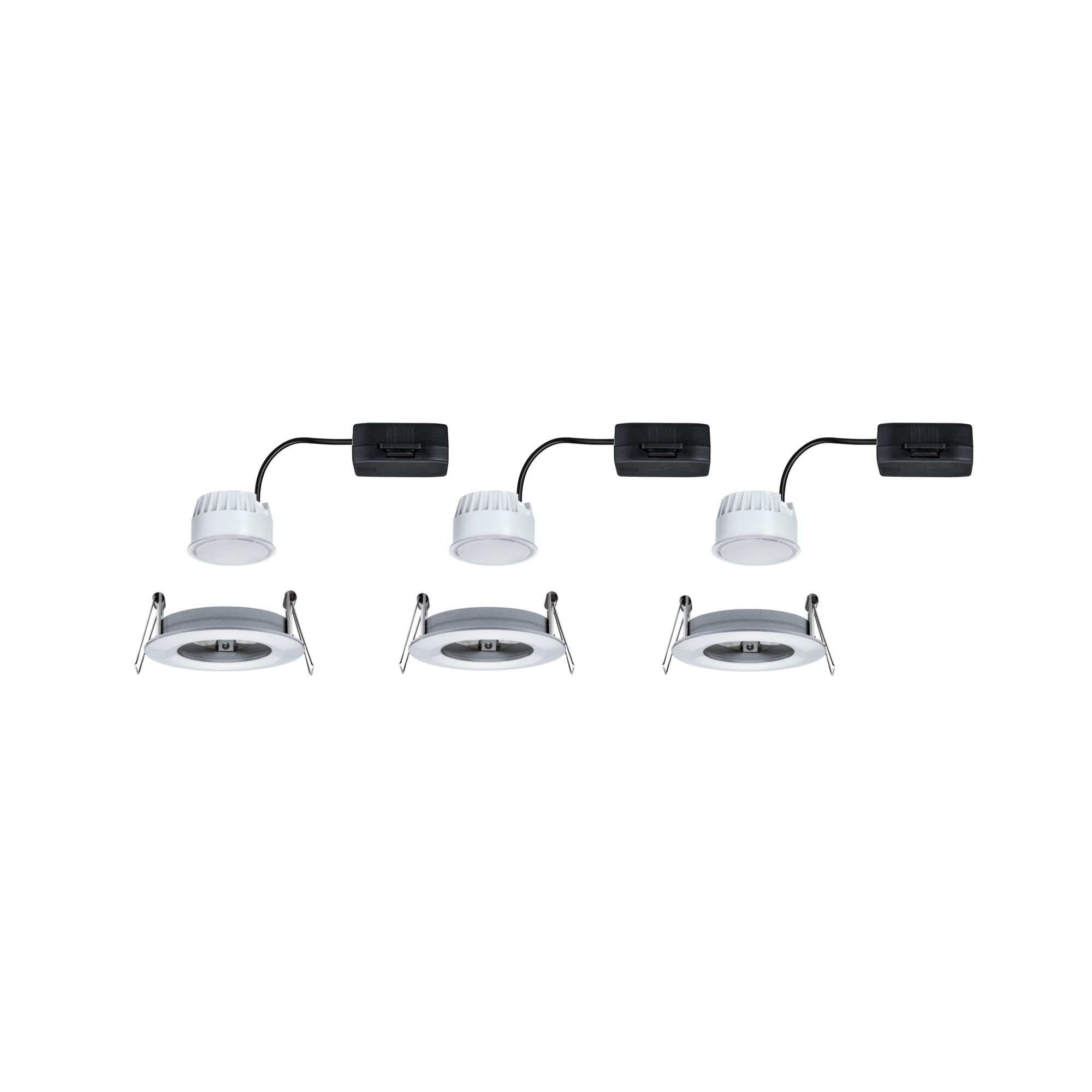 Drie witte LED-inbouwspots met zwarte aansluitkabels en bevestigingsclips voor plafondmontage