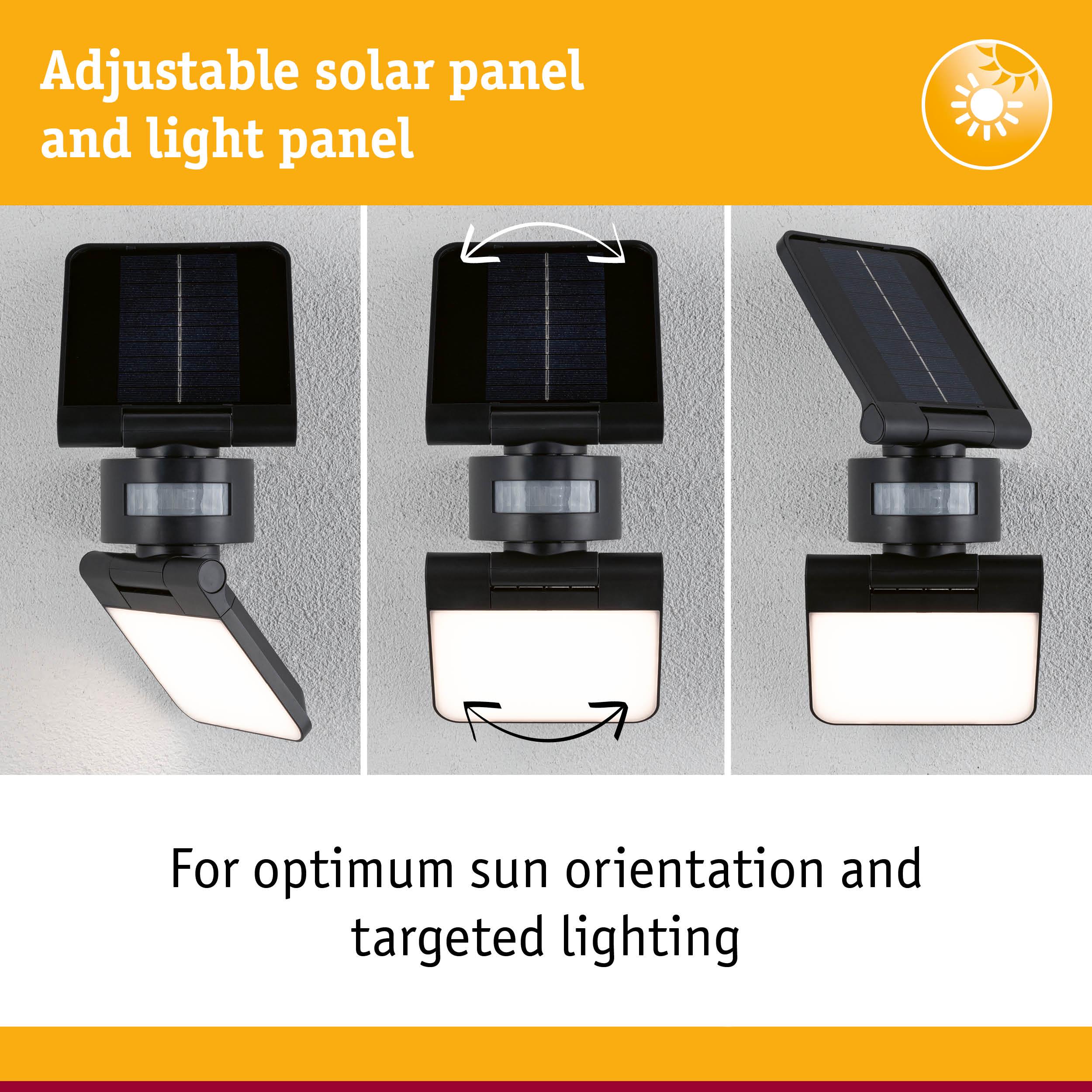 Black solar light with adjustable solar panel and light panel for optimal sun orientation and targeted lighting