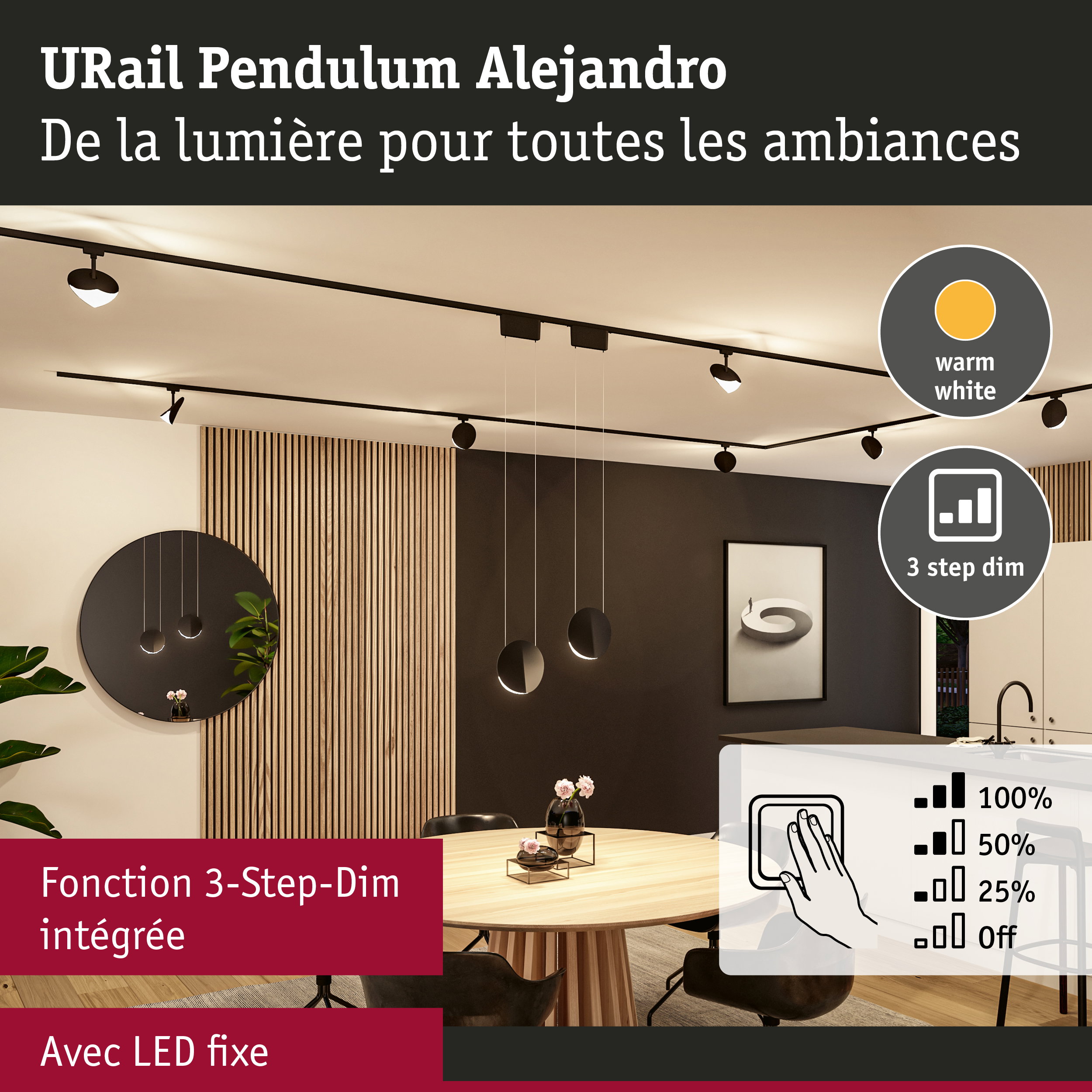 Système d'éclairage sur rail URail Pendulum Alejandro noir avec LED blanc chaud et fonction 3 étapes dimmable dans salle à manger