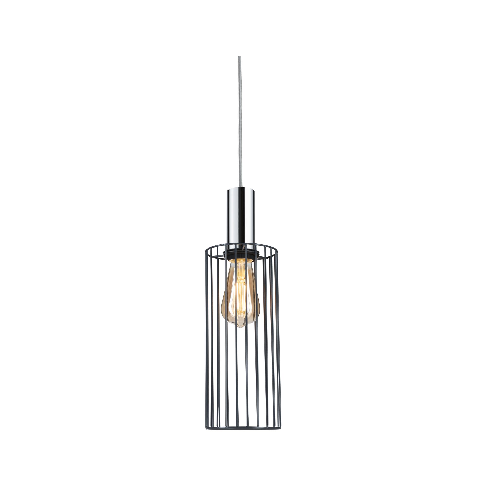 Modern pendant light with black metal cage and chrome cylinder for stylish living room lighting