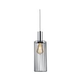 Modern pendant light with black metal cage and chrome cylinder for stylish living room lighting