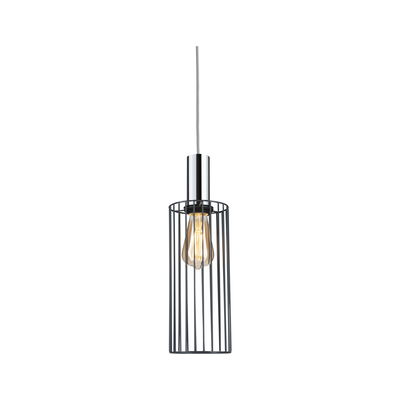 Modern pendant light with black metal cage and chrome cylinder for stylish living room lighting