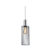 Modern pendant light with black metal cage and chrome cylinder for stylish living room lighting